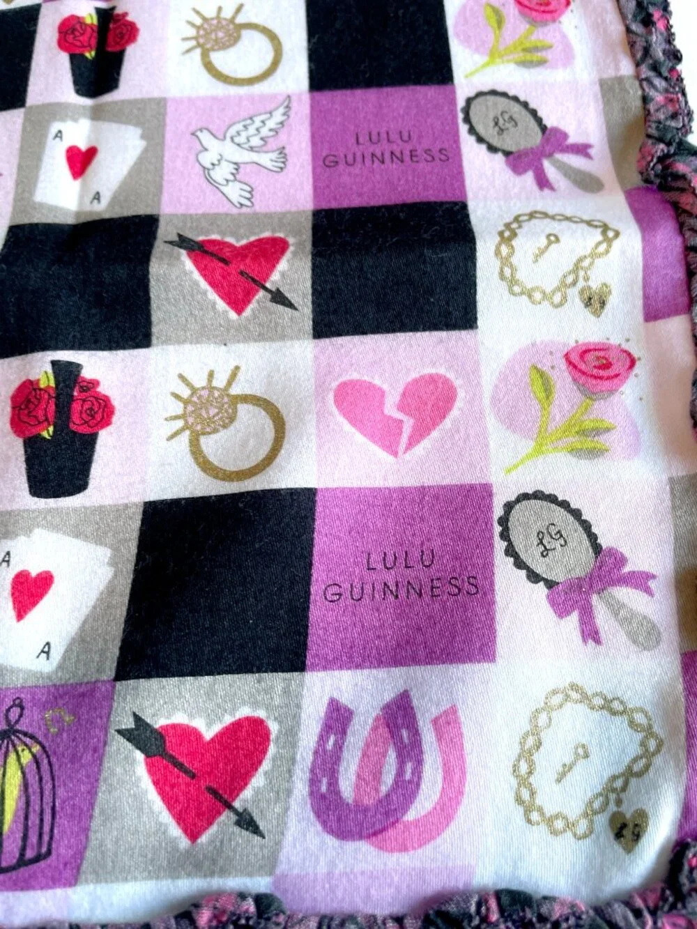 Lulu Guinness London Scarf – Retro Pink Check Pattern, Ruffle Border - Picture 8 of 12